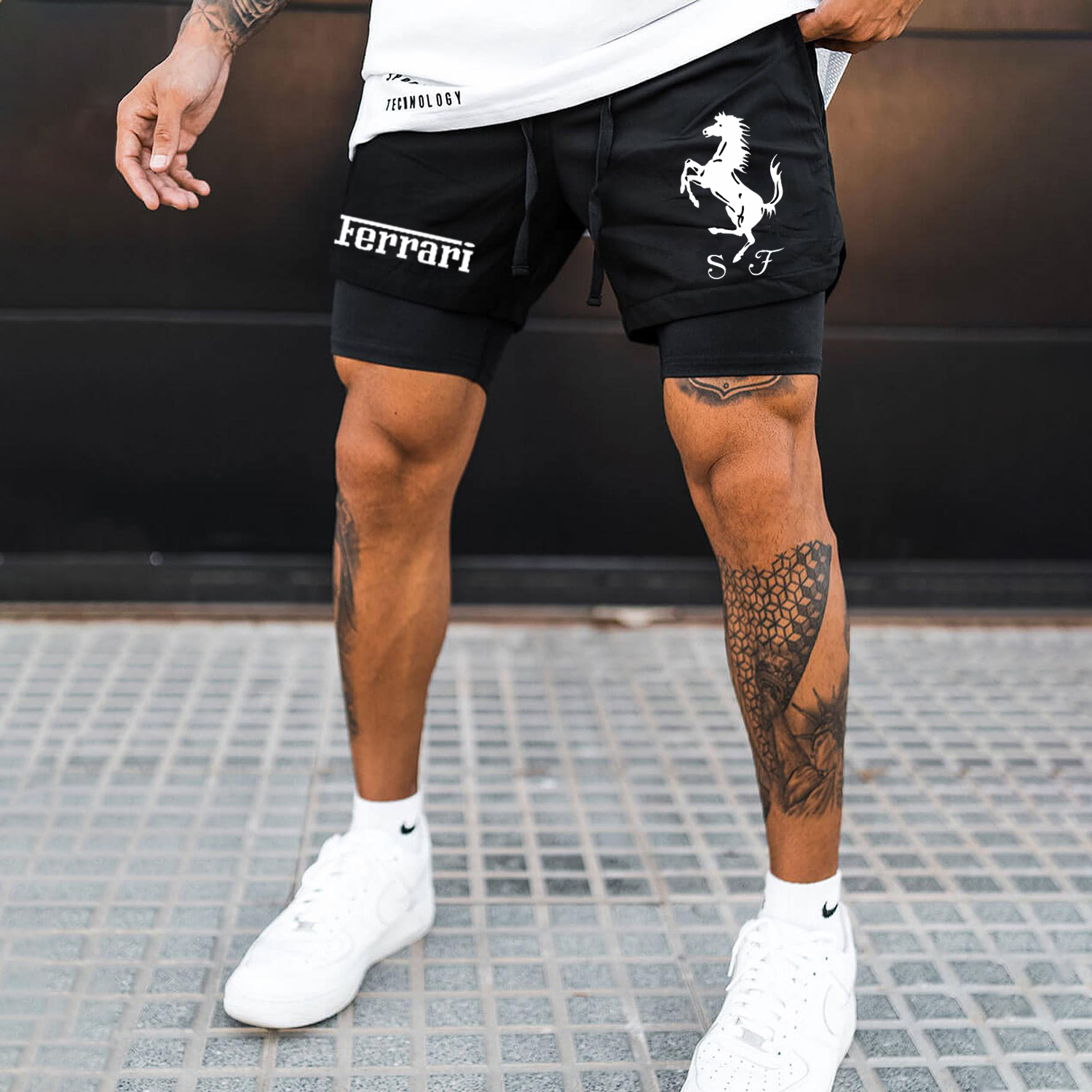 Men's Racing Print Double Layer Sports Shorts