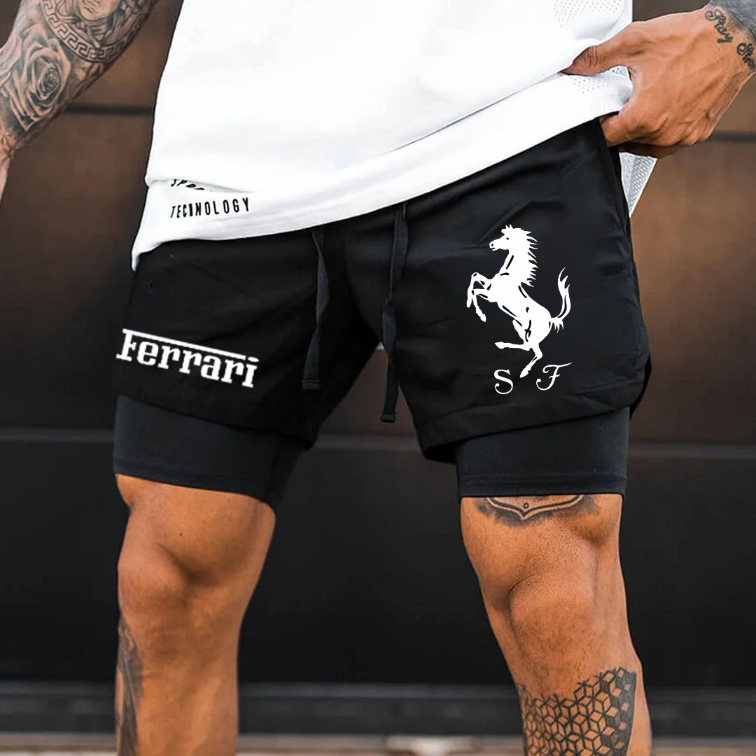 Men's Racing Print Double Layer Sports Shorts