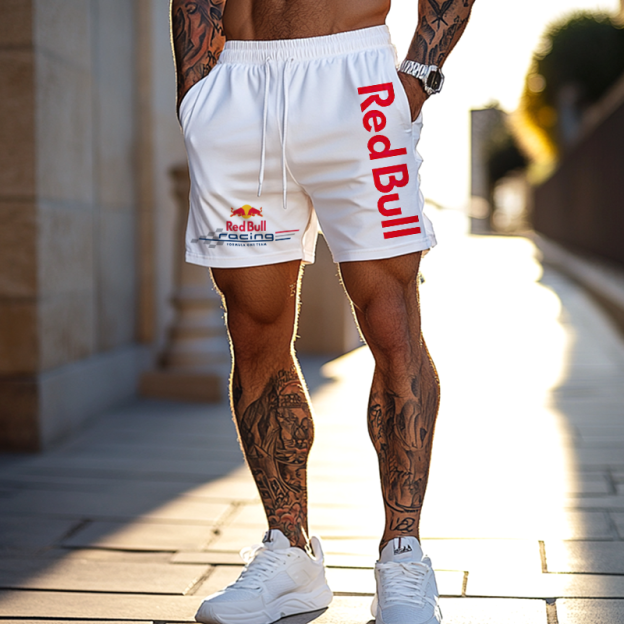 Men's Race Car White Sports Drawstring Shorts