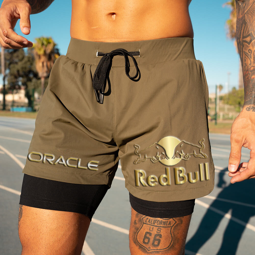 Men's Racing Logo Print Double Layer Sports Shorts