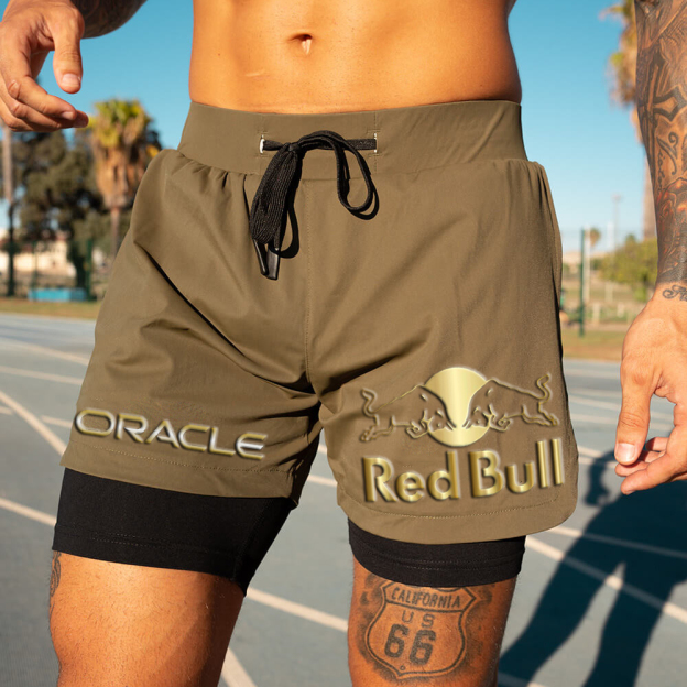 Men's Racing Logo Print Double Layer Sports Shorts