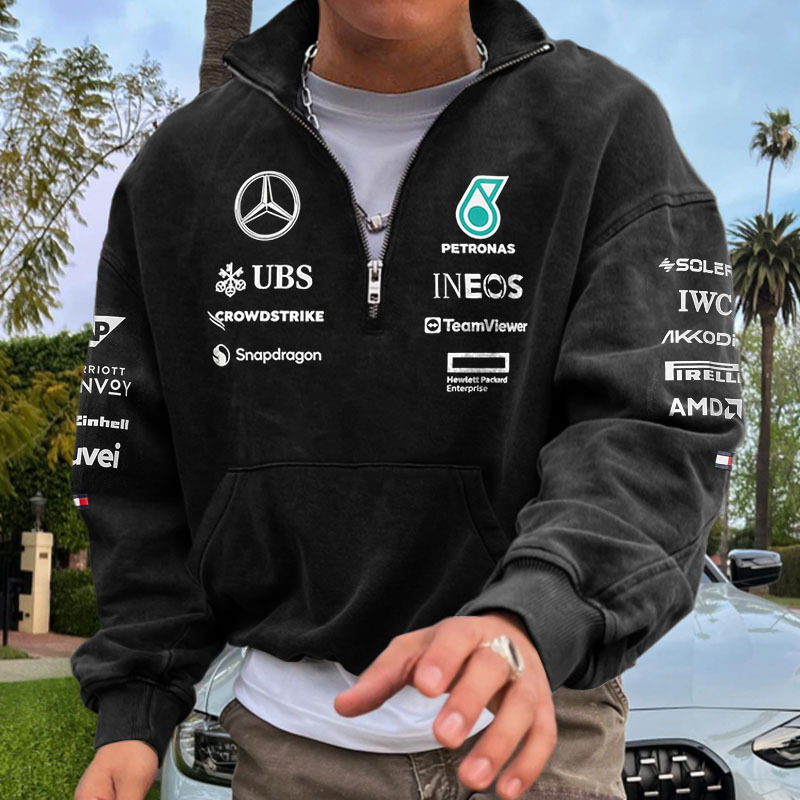 Men's Vintage Racing Car Print Zip-up Stand Collar Sweatshirt