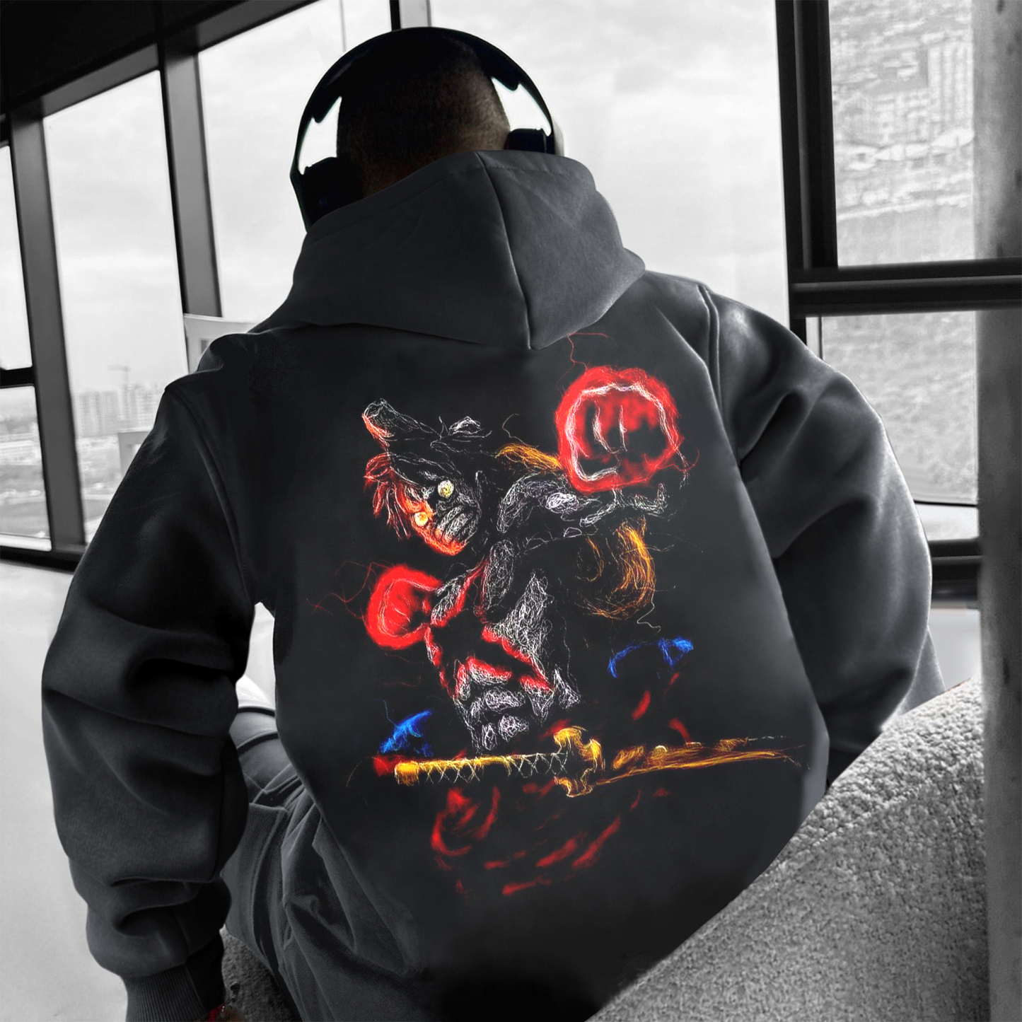 Unisex Anime Print Embroidered Casual Oversized Hoodie