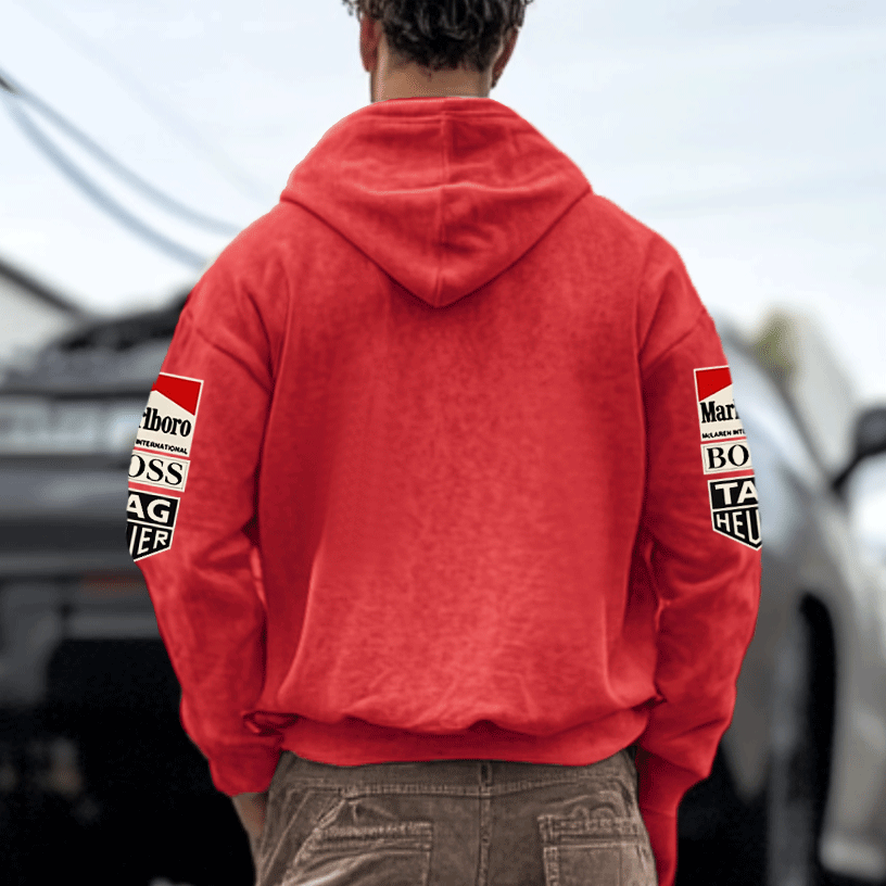 Men's Retro Racing Print Red Oversized Hoodie