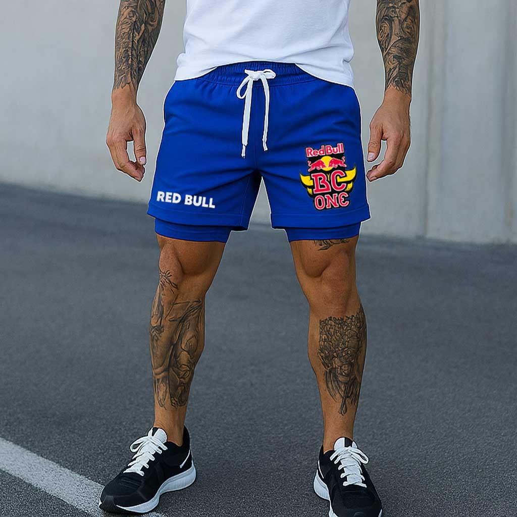 Men's Double Layer 2 In 1 Print Drawstring Royal Blue Sports Shorts