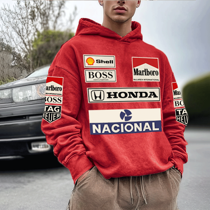 Men's Retro Racing Print Red Oversized Hoodie