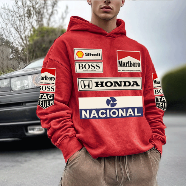 Men's Retro Racing Print Red Oversized Hoodie