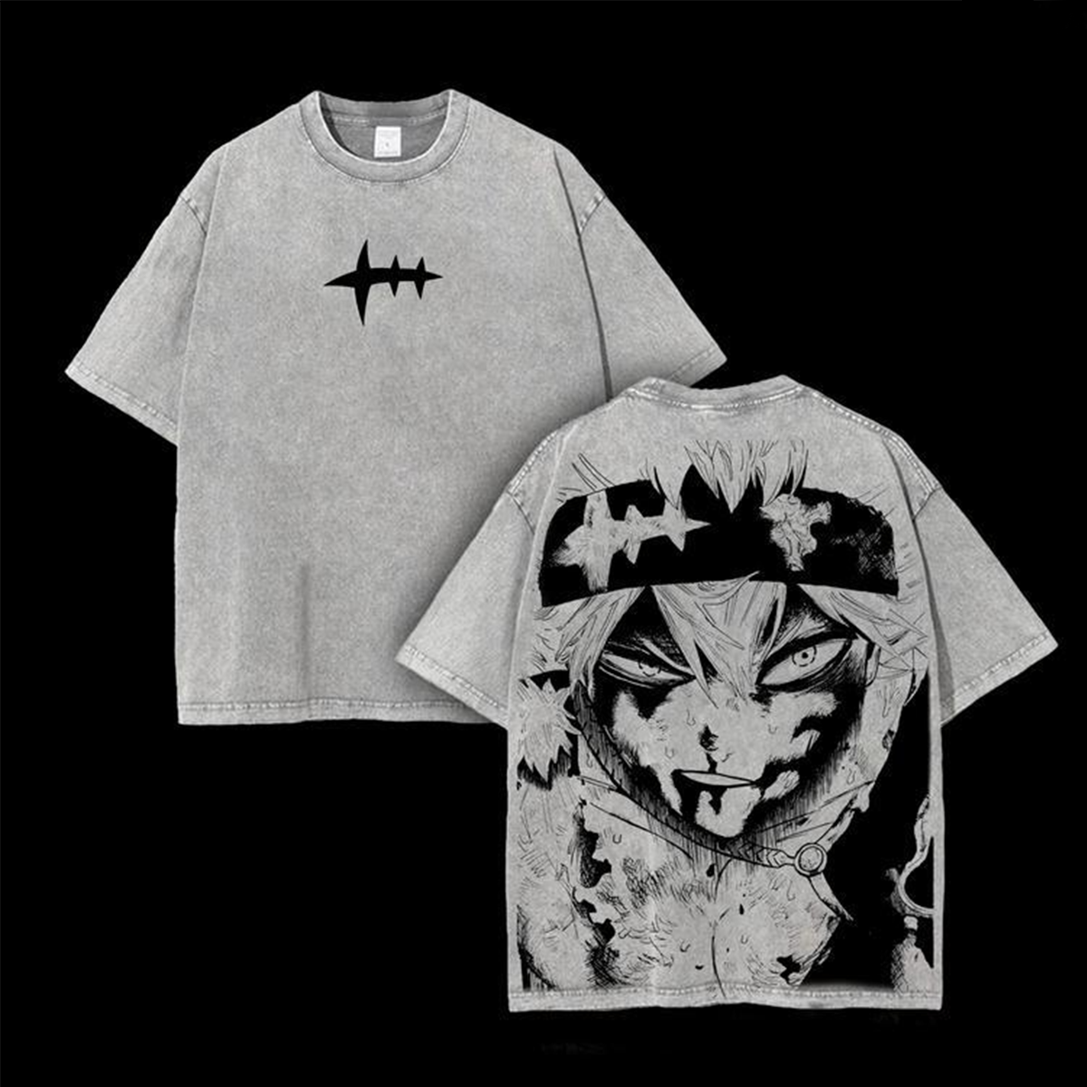 Asta x Black Bulls Black Clover Anime Double Printed Vintage Washed Tee Unisex Oversize Heavyweight