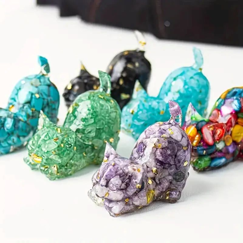 Handmade Natural Crystal Gemstone Cat with Raised Tail