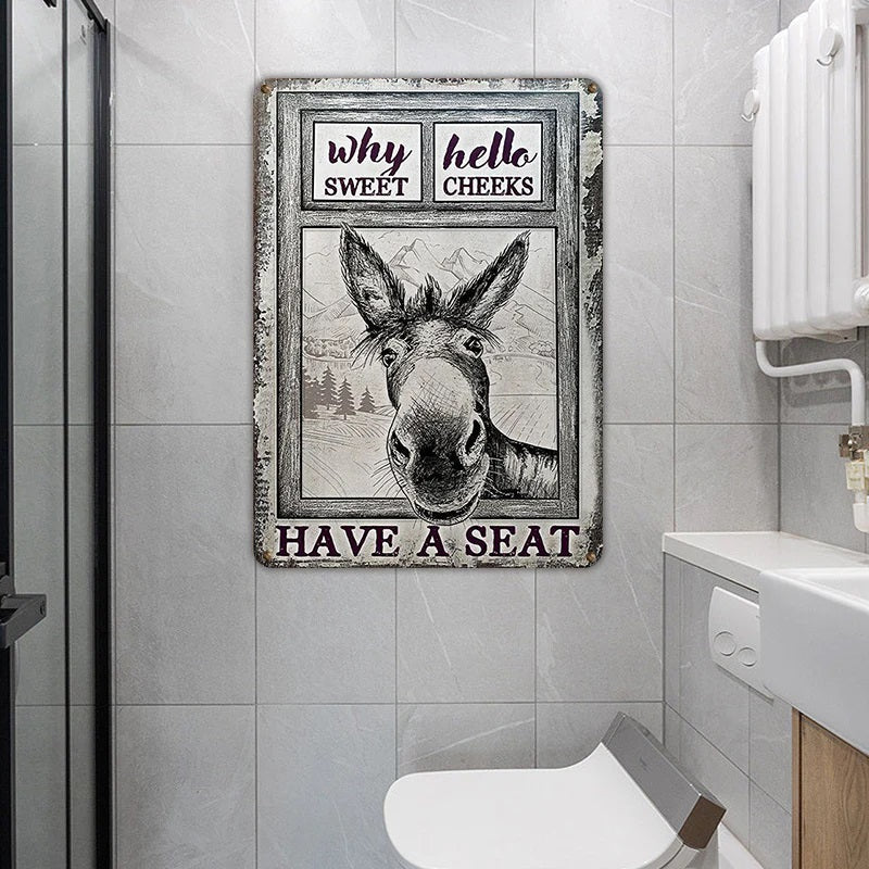 Donkey Metal Sign, Donkey Black White Hello Sweet Cheeks Metal Signs-Jolura