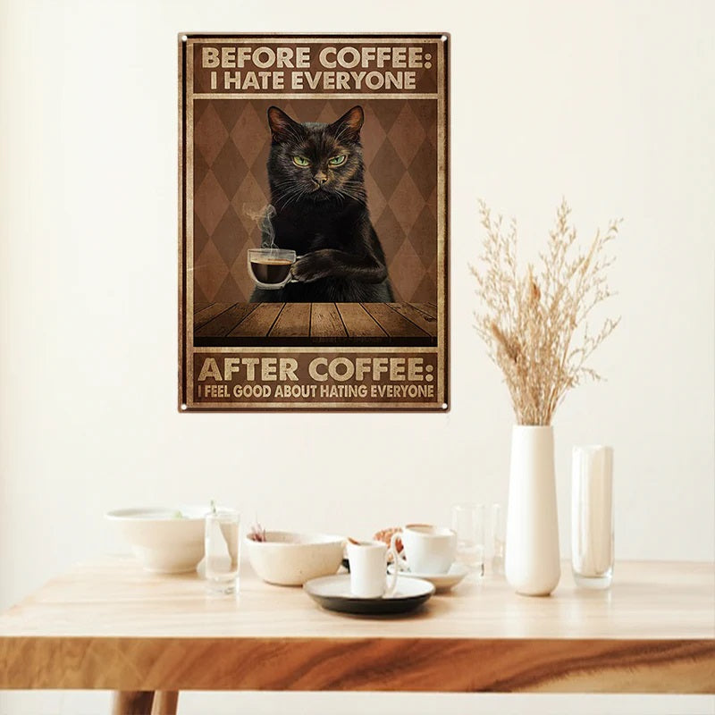 Funny Cat Coffee Metal Sign, Vintage Kitchen Signs, Wall Decor, Home Bar Cafe Decorations-Jolura