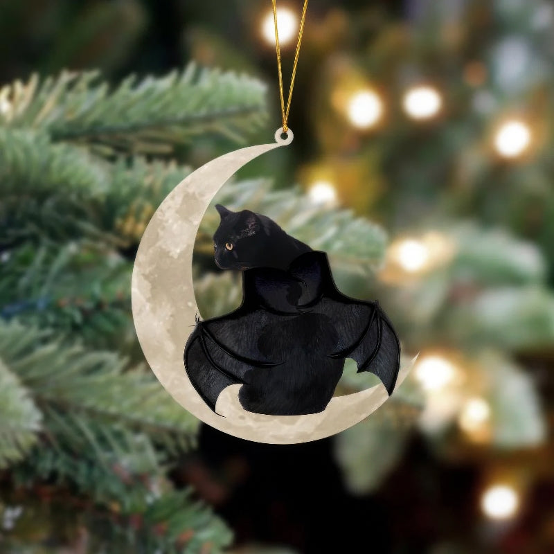 Halloween Black Cat Sits On The Moon Hanging Ornament CS026