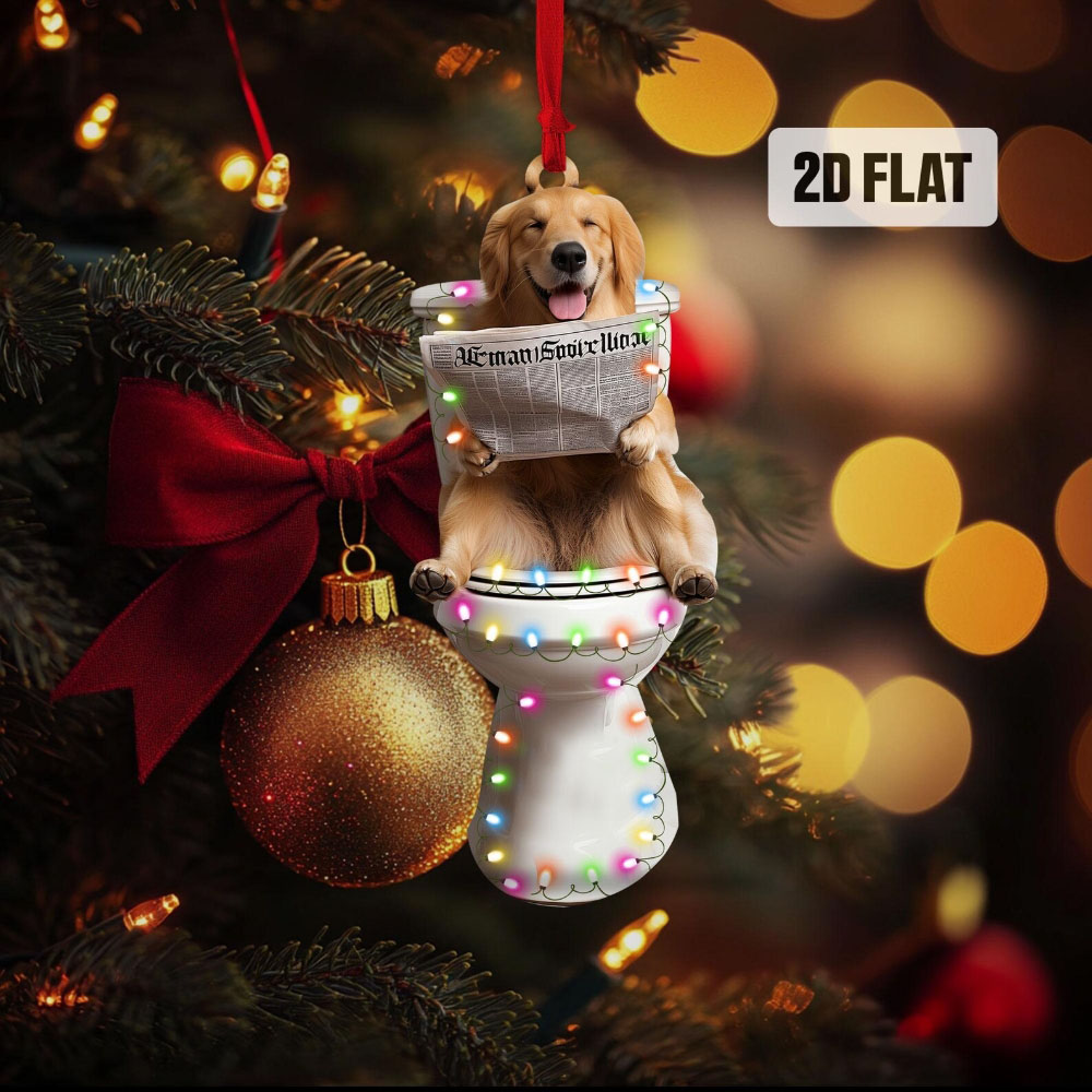 Golden Retriever - Dog Sitting On Toilet Ornament  OT024