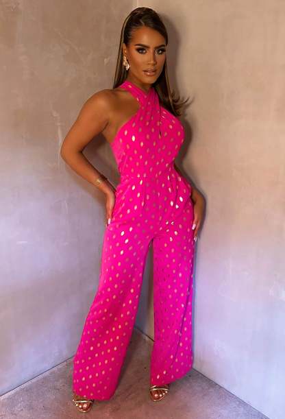 Star Crossed Fuschia Foil Spot Halter Jumpsuit-Sawsky. All Rights Reserved.