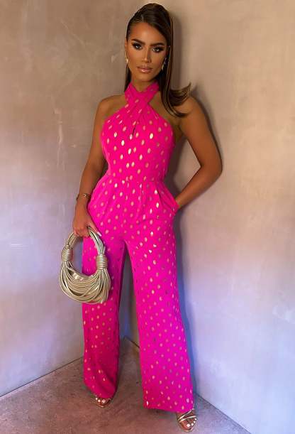 Star Crossed Fuschia Foil Spot Halter Jumpsuit-Sawsky. All Rights Reserved.