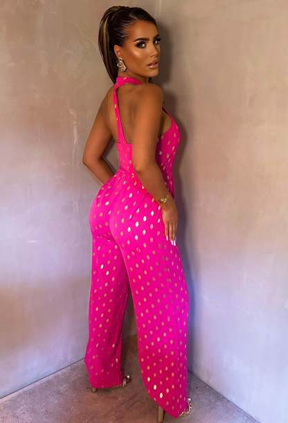 Star Crossed Fuschia Foil Spot Halter Jumpsuit-Sawsky. All Rights Reserved.