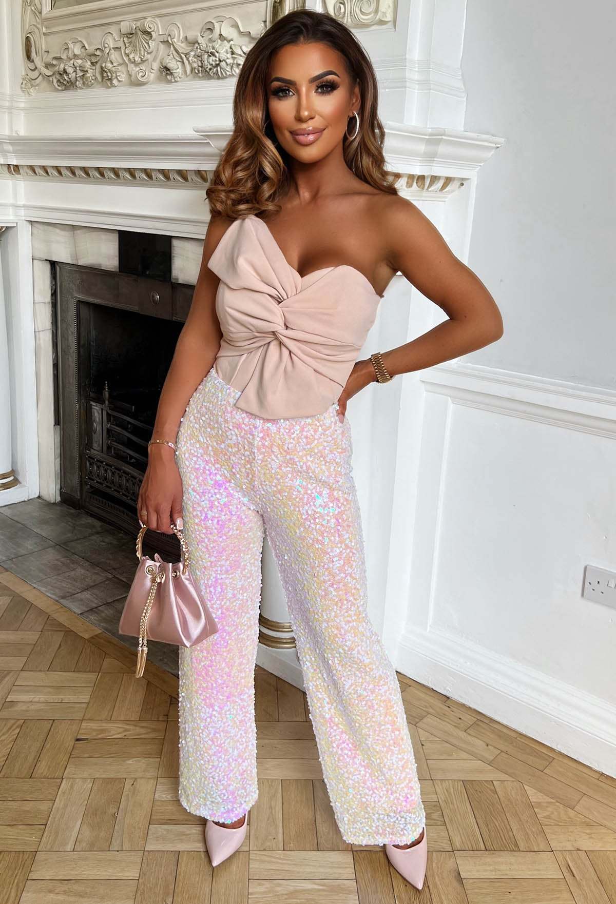 Shimmering Chic Pink Stretch Sequin Flared Trousers-Sawsky. All Rights Reserved.