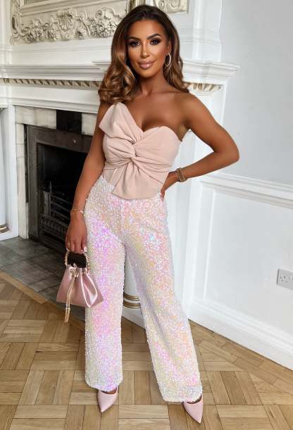 Shimmering Chic Pink Stretch Sequin Flared Trousers-Sawsky. All Rights Reserved.