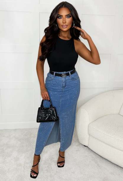Shine & Shimmer Mid Blue Midi Diamante Stretch Denim Skirt-Sawsky. All Rights Reserved.