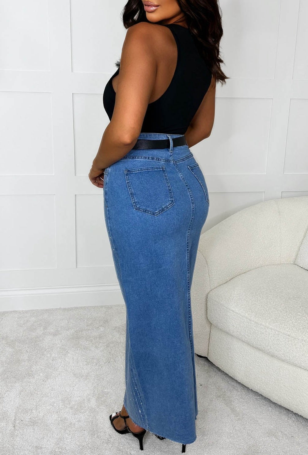 Shine & Shimmer Mid Blue Midi Diamante Stretch Denim Skirt-Sawsky. All Rights Reserved.