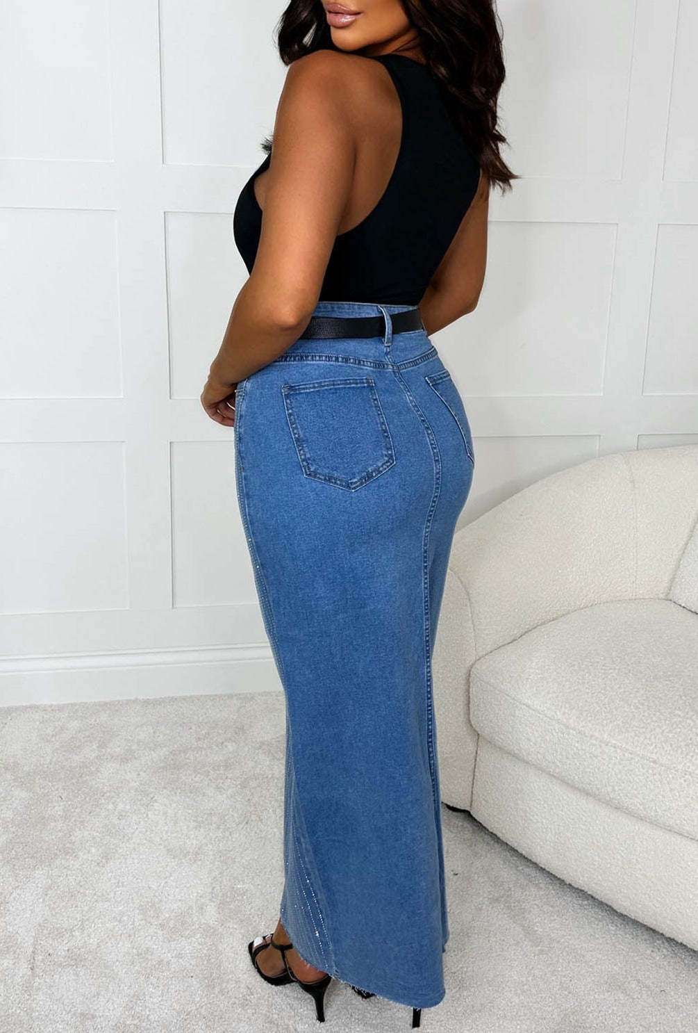 Shine & Shimmer Mid Blue Midi Diamante Stretch Denim Skirt-Sawsky. All Rights Reserved.