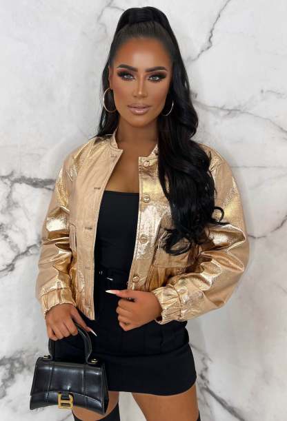Space Cowboy Bronze Metallic Cropped Baseball Jacket Limited Edition-Sawsky. All Rights Reserved.