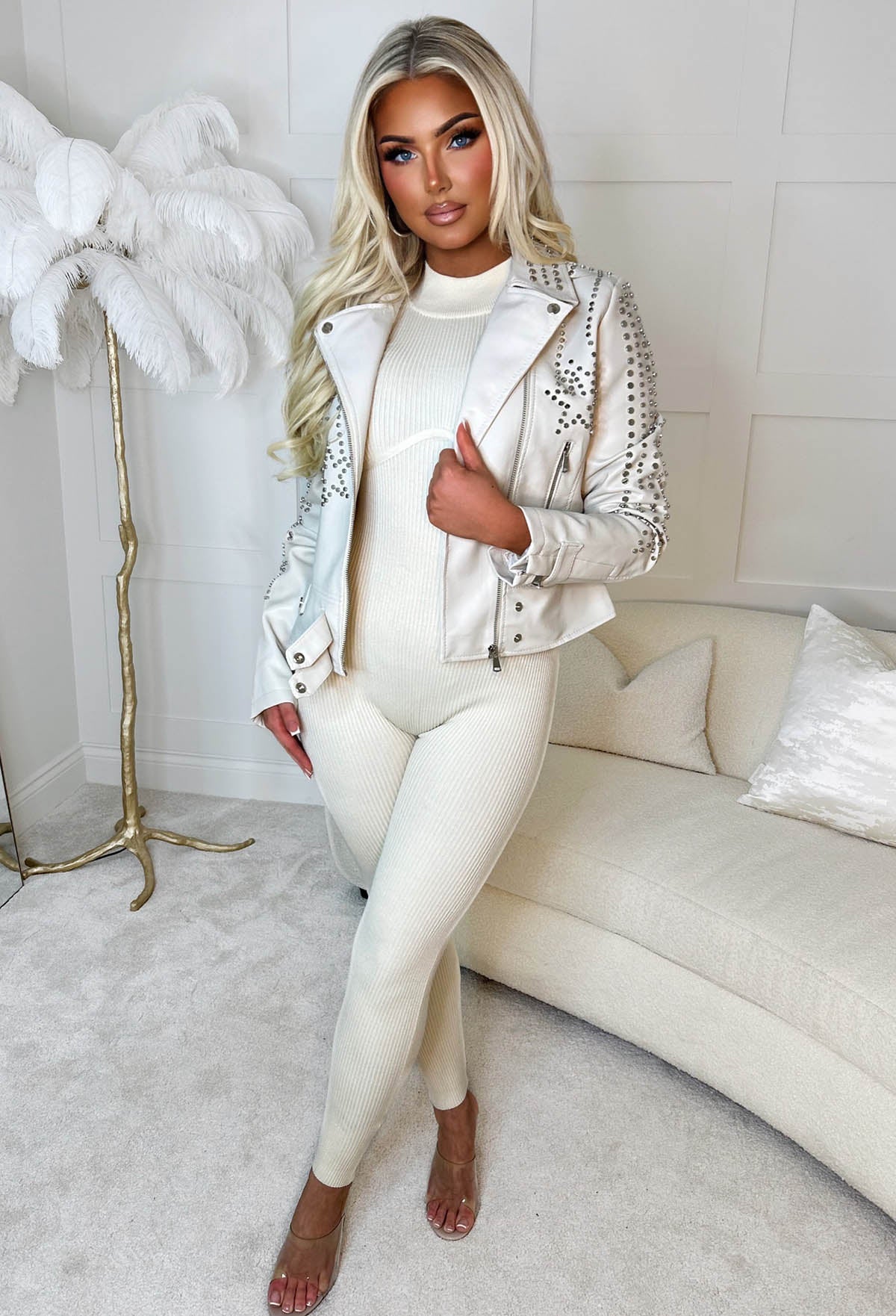 Star Studded Cream Star Detail Studded Faux Leather Biker Jacket Limited Edition-Sawsky. All Rights Reserved.
