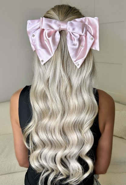 Silk Dreams Pink Pearl Embellished Satin Bow Hair Clip-Sawsky. All Rights Reserved.