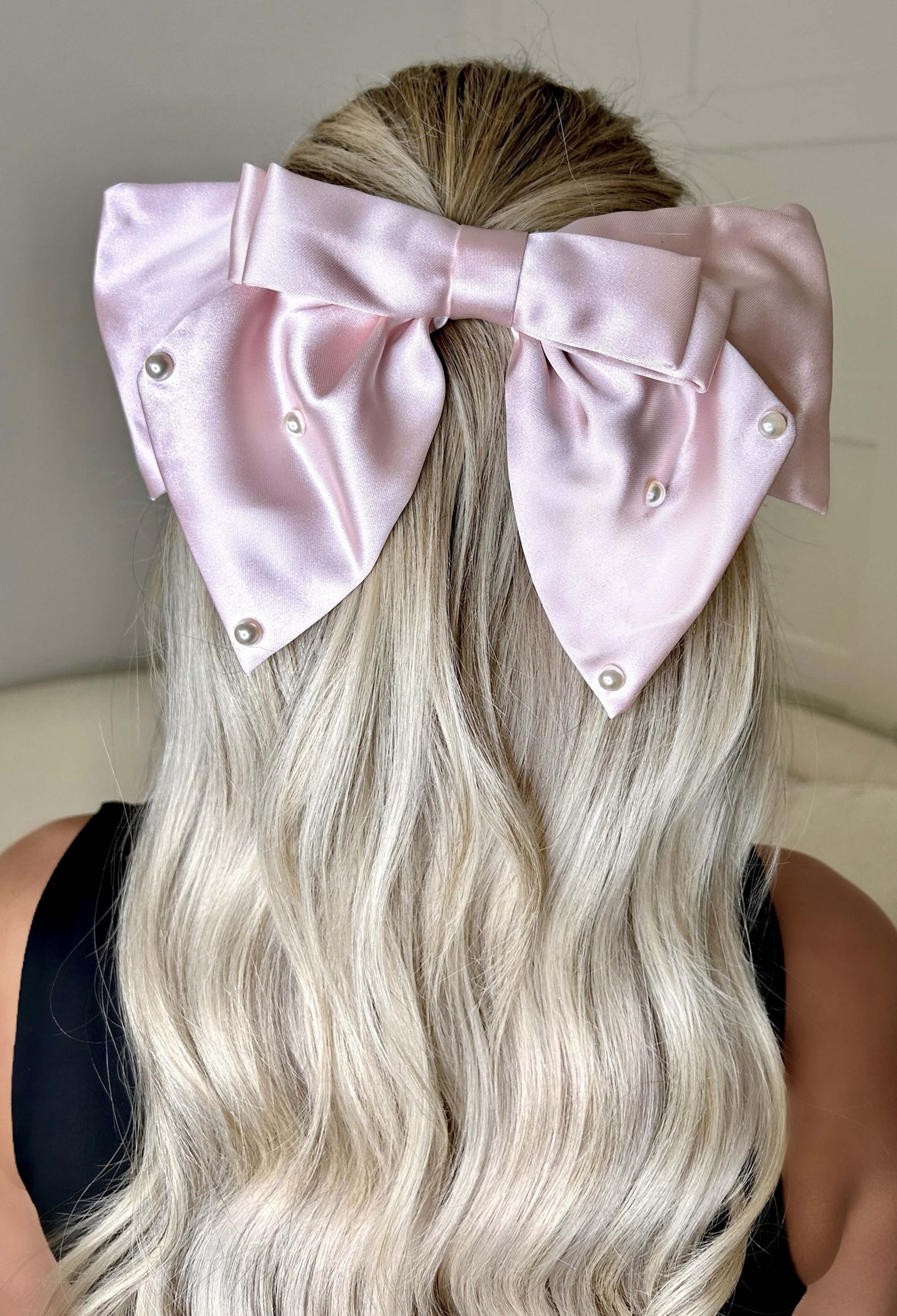 Silk Dreams Pink Pearl Embellished Satin Bow Hair Clip-Sawsky. All Rights Reserved.