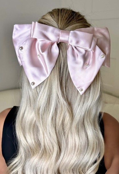 Silk Dreams Pink Pearl Embellished Satin Bow Hair Clip-Sawsky. All Rights Reserved.