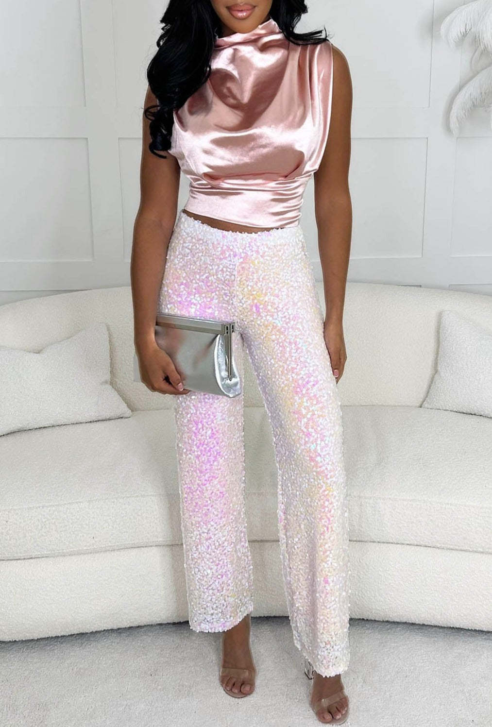 Shimmering Chic Pink Stretch Sequin Flared Trousers-Sawsky. All Rights Reserved.