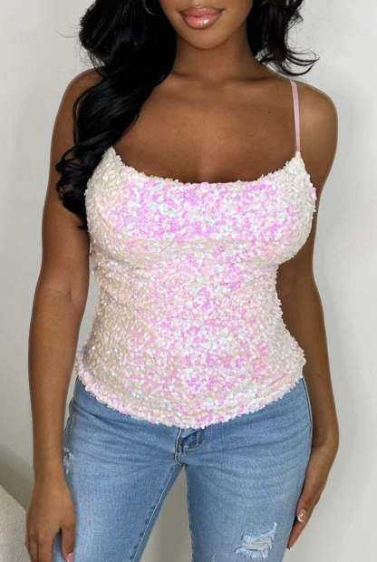 Sparkle Chic Baby Pink Sequin Cowl Neck Cami Top-Sawsky. All Rights Reserved.