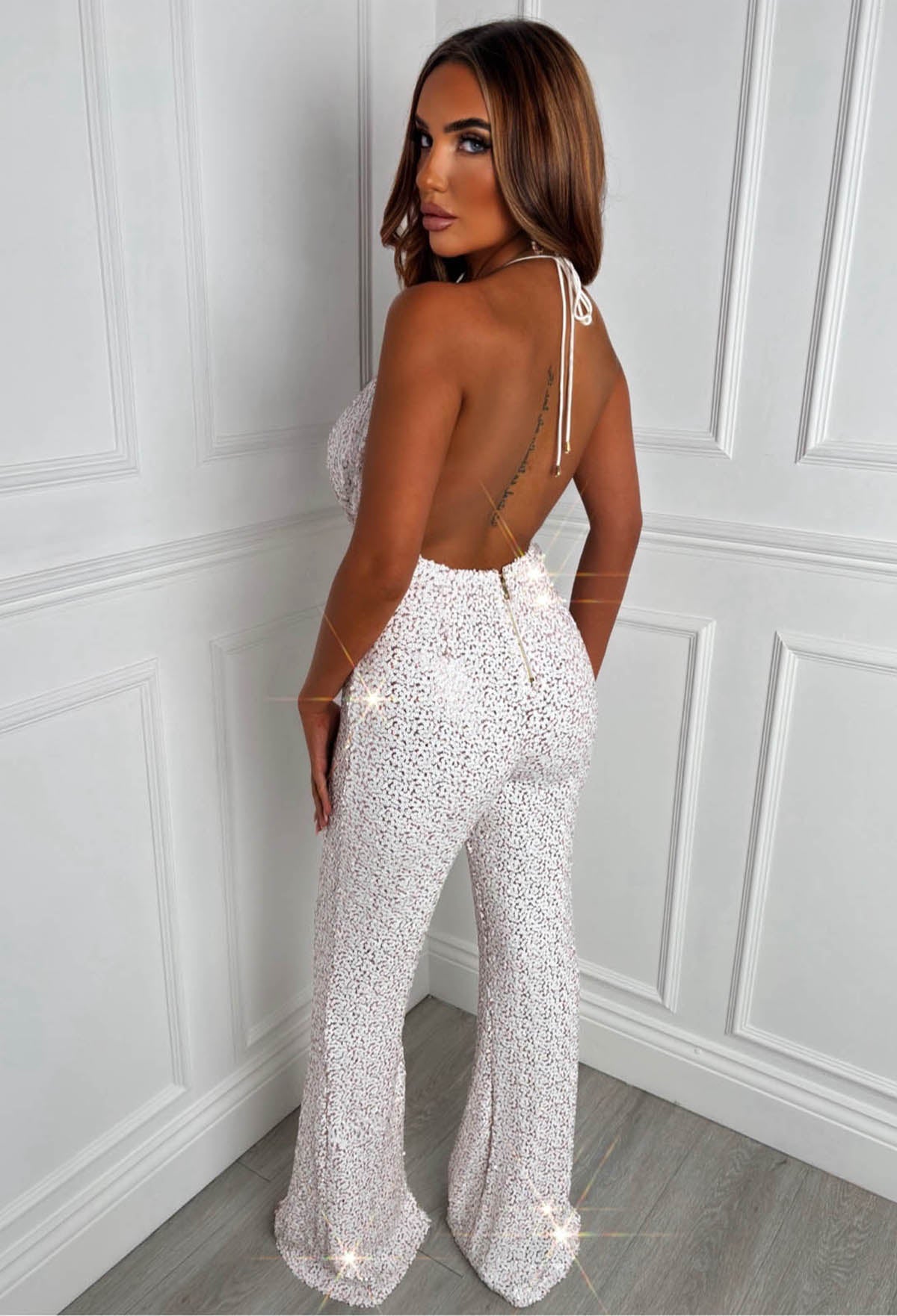 Sparkling Diamond Pink Halterneck Cowl Jumpsuit-Sawsky. All Rights Reserved.
