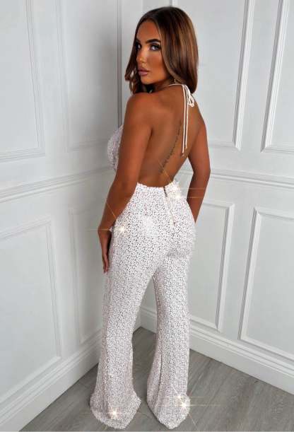 Sparkling Diamond Pink Halterneck Cowl Jumpsuit-Sawsky. All Rights Reserved.
