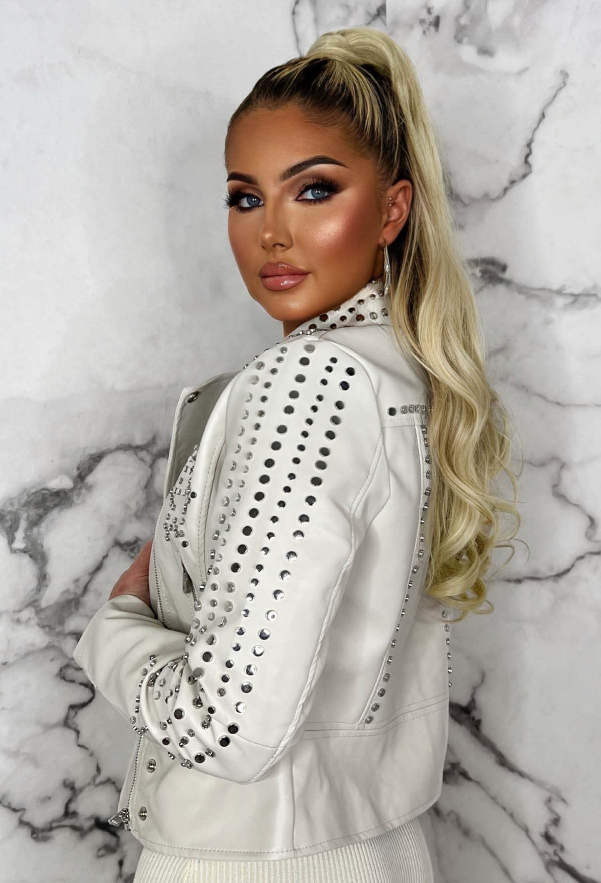 Star Studded Cream Star Detail Studded Faux Leather Biker Jacket Limited Edition-Sawsky. All Rights Reserved.