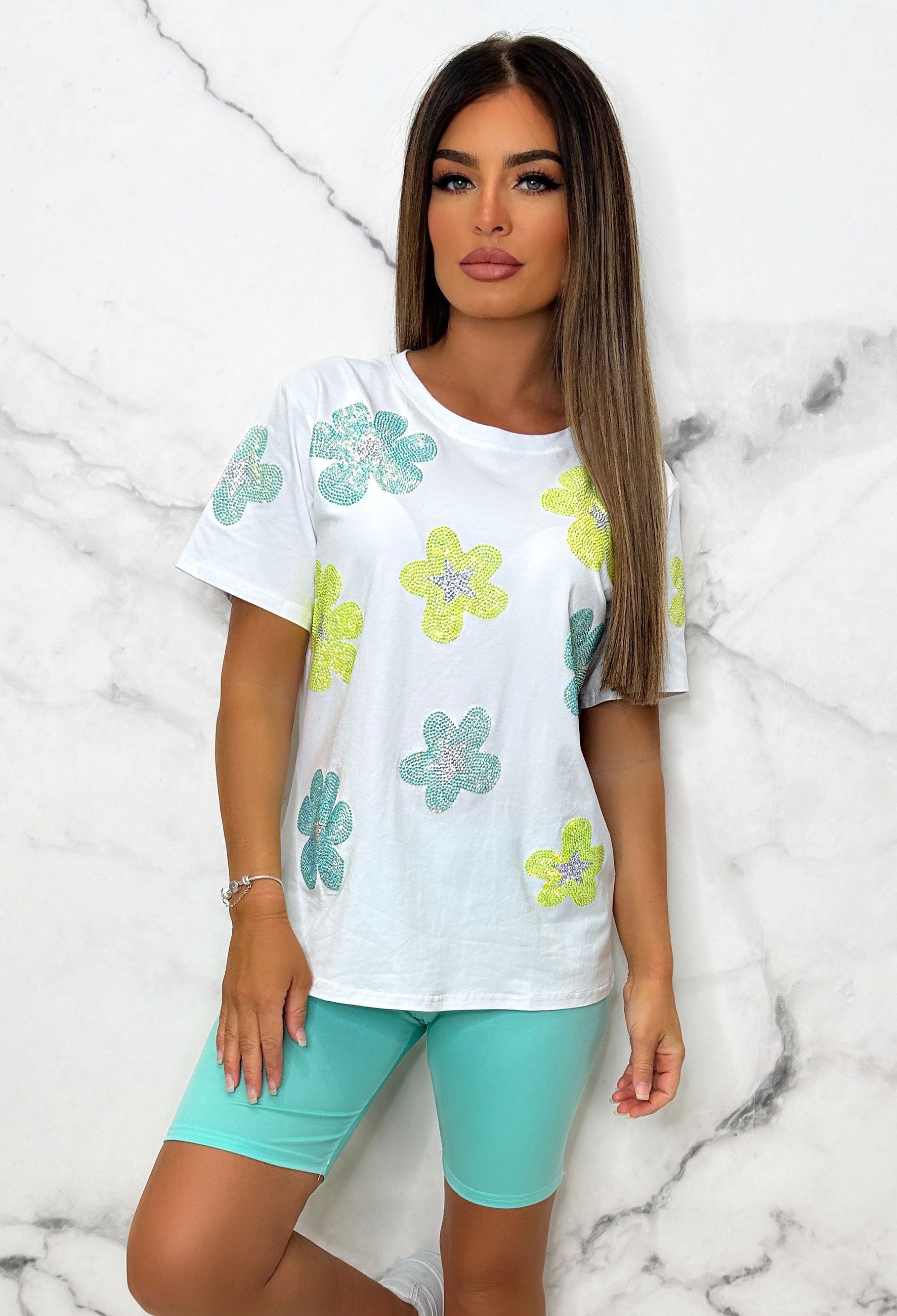 Shining All Day White Embellished Floral T-Shirt-Sawsky. All Rights Reserved.