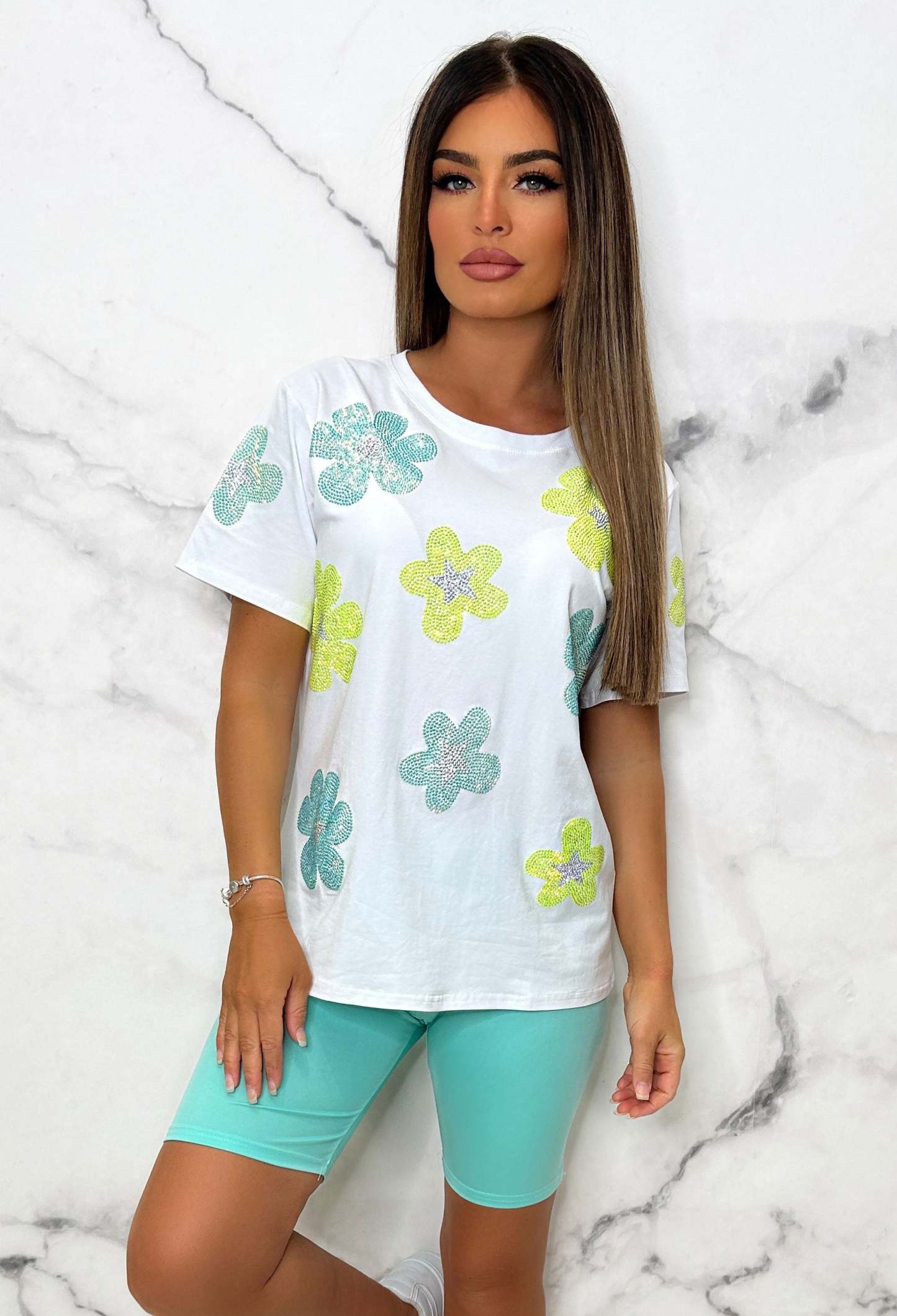 Shining All Day White Embellished Floral T-Shirt-Sawsky. All Rights Reserved.