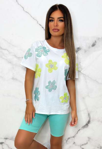 Shining All Day White Embellished Floral T-Shirt-Sawsky. All Rights Reserved.