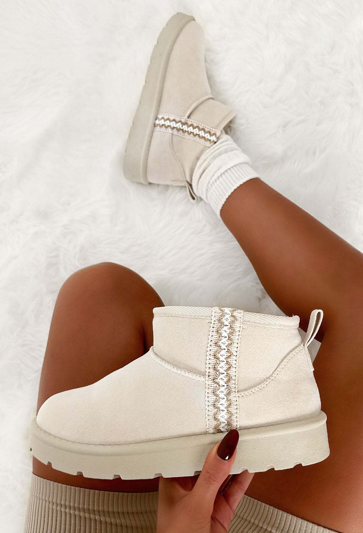 Snowy Blues Cream Aztec Detail Faux Fur Lining Cosy Boots-Sawsky. All Rights Reserved.