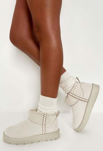 Snowy Blues Cream Aztec Detail Faux Fur Lining Cosy Boots-Sawsky. All Rights Reserved.