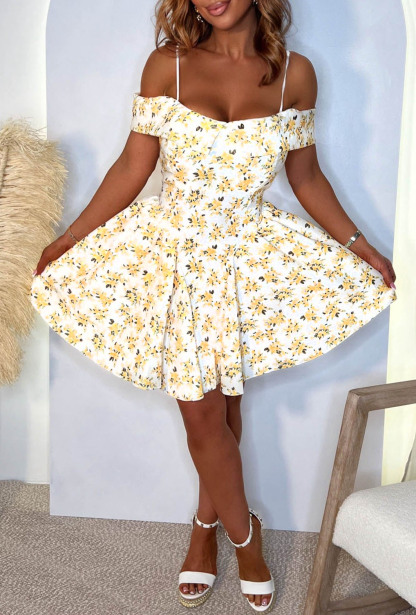 Spring Fantasy Lemon Floral Bardot Skater Skirt Mini Dress-Sawsky. All Rights Reserved.