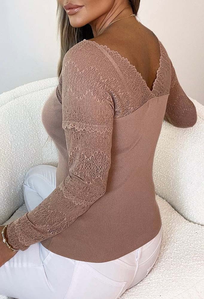 Spring Desires Beige Lace Sleeves V-Neck Top-Sawsky. All Rights Reserved.