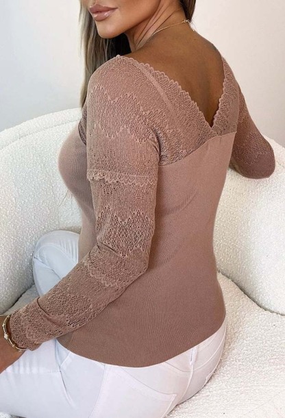 Spring Desires Beige Lace Sleeves V-Neck Top-Sawsky. All Rights Reserved.