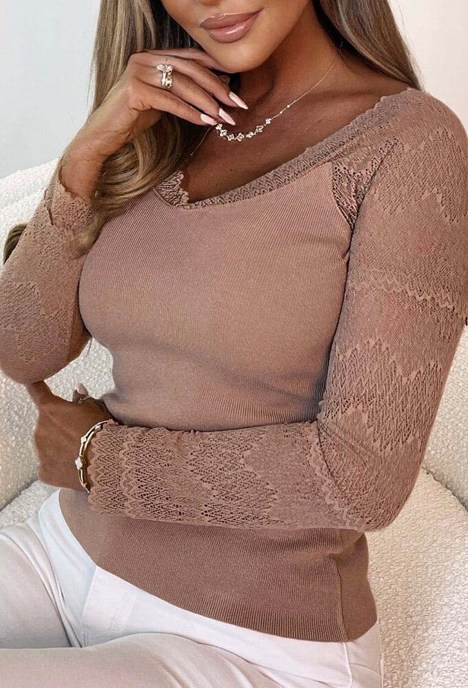 Spring Desires Beige Lace Sleeves V-Neck Top-Sawsky. All Rights Reserved.