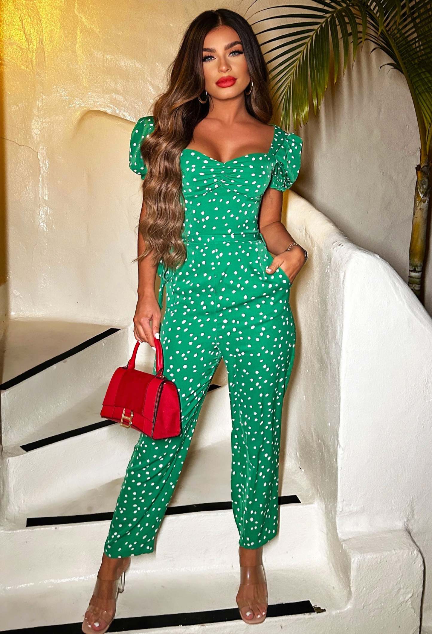 Stargazer Green Polkadot Puff Sleeve Jumpsuit-Sawsky. All Rights Reserved.