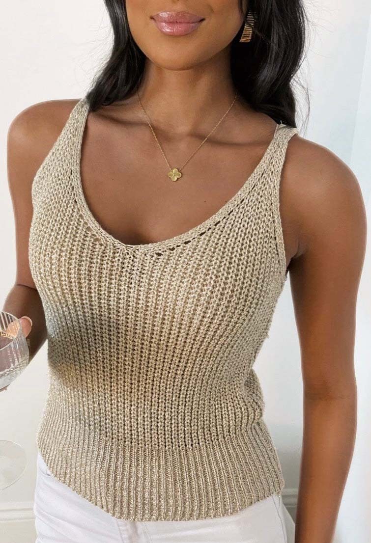 Sleek Vibe Gold Sparkle Knitted Cami Top-Sawsky. All Rights Reserved.