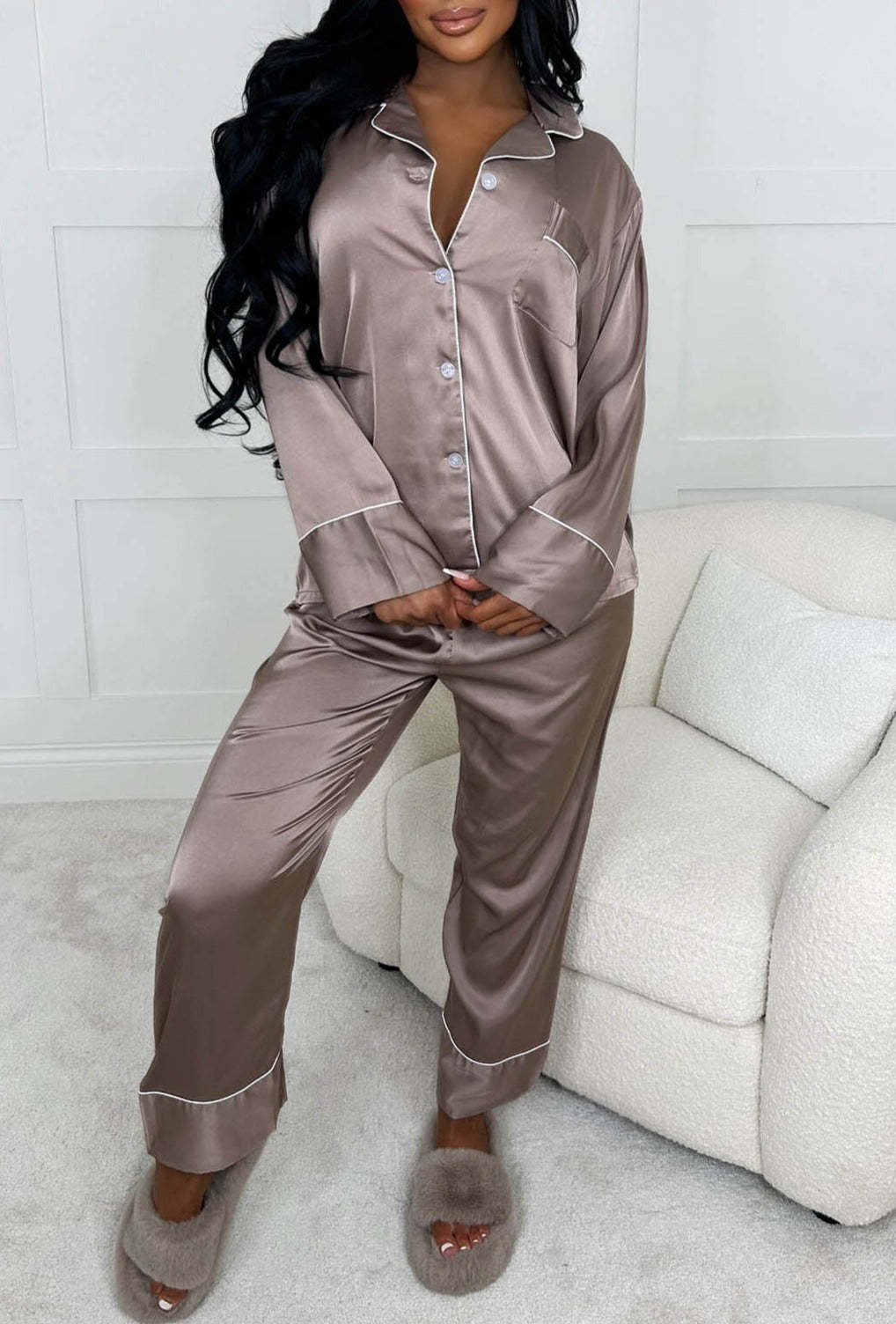 Silky Luxury Taupe Satin Long Sleeve Wide Leg Button Up Pyjama Set-Sawsky. All Rights Reserved.