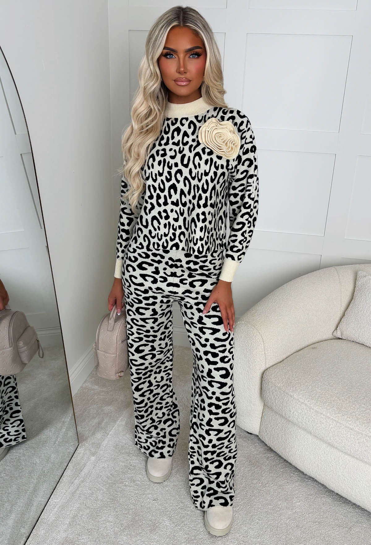 Silvina Cream Leopard Knit Trousers-Sawsky. All Rights Reserved.