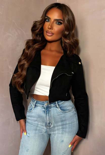 Songbird Black Faux Suede Cropped Biker Jacket-Sawsky. All Rights Reserved.