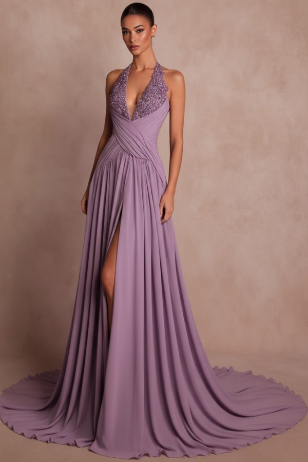 Elegante Abendkleider Lang Braun V Ausschnitt Ballkleider Chiffon